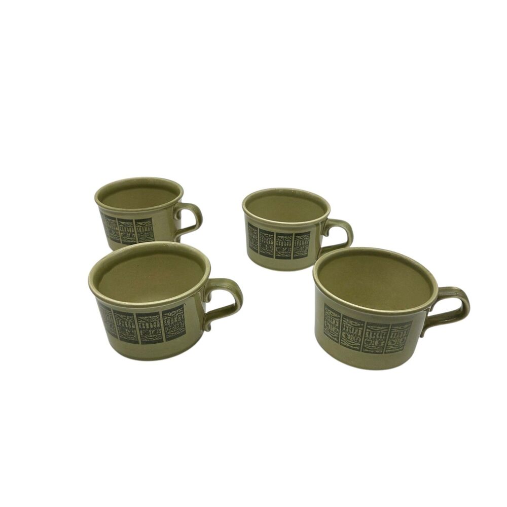 Vintage Taylor Smith Taylor Hieroglyph Coffee Mugs Set of 4 Green MCM 1970s TST